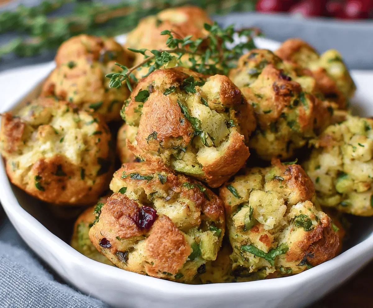 Delicious turkey stuffing balls served on a plate, perfect for holiday dinner recipes