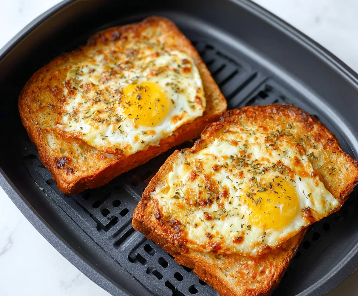 Delicious air fryer egg and cheese toast breakfast in a skillet.