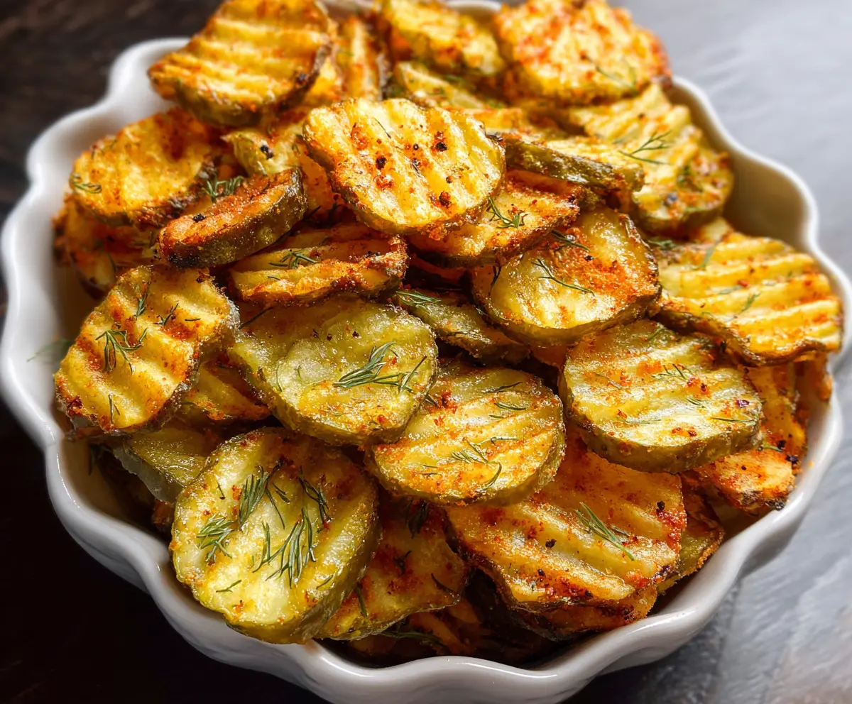 Crispy air fryer spicy dill pickle chips served on a plate, perfect for snacking