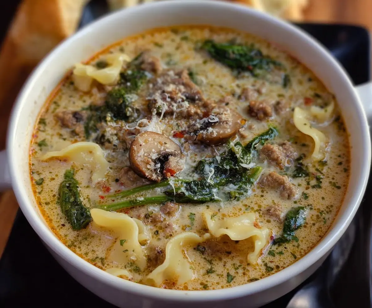 Creamy Alfredo Lasagna Soup in a bowl with melted cheese and fresh herbs