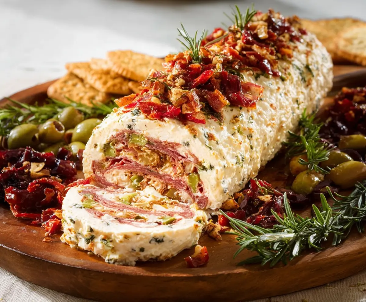 Antipasto Cheese Log served with fresh vegetables and crackers for a delicious appetizer