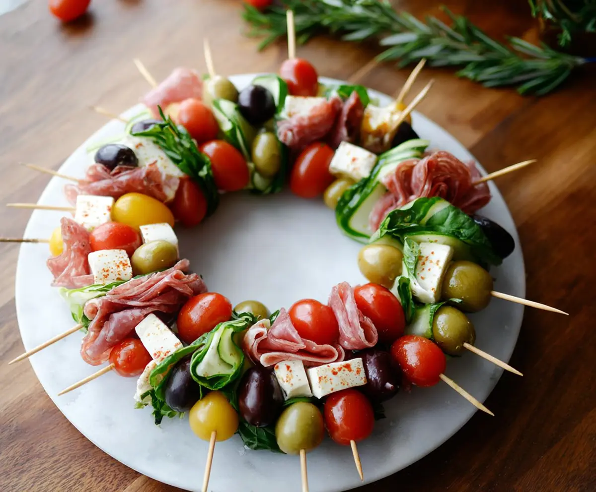 Colorful antipasto wreath skewers with assorted meats, cheeses, olives, and vegetables for a festive appetizer.