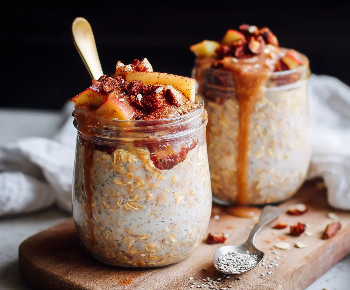 Creamy apple pie overnight oats topped with fresh cinnamon and apple slices in a mason jar.