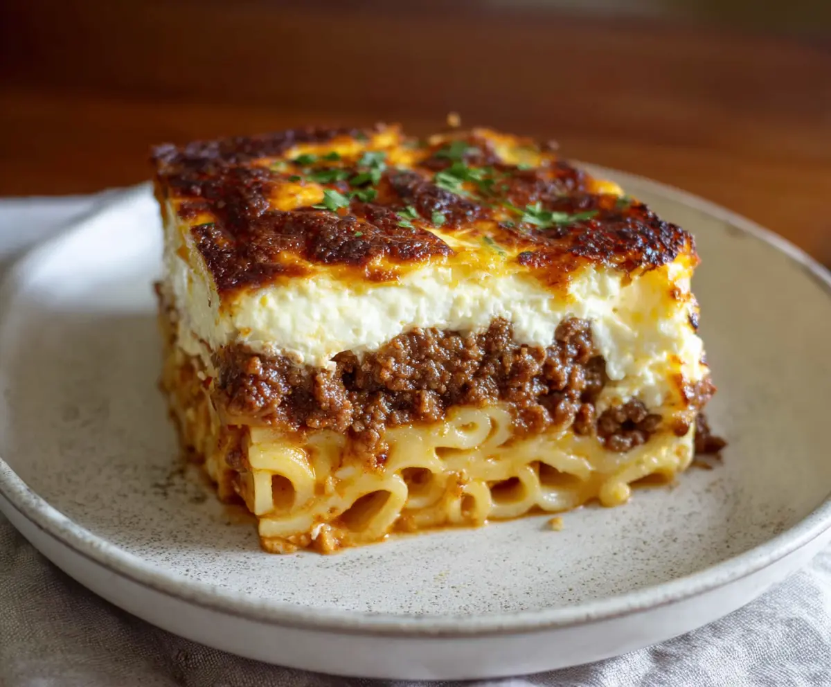 Delicious Authentic Pastitsio Greek Lasagna with layers of seasoned meat, pasta, and creamy béchamel sauce.