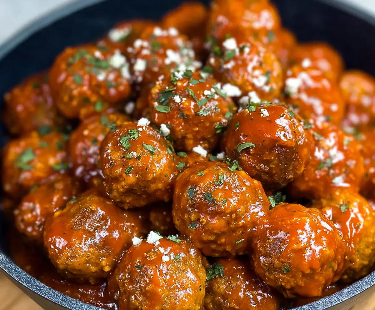 Delicious homemade meatballs glazed with savory Awesome Sauce on a rustic plate.