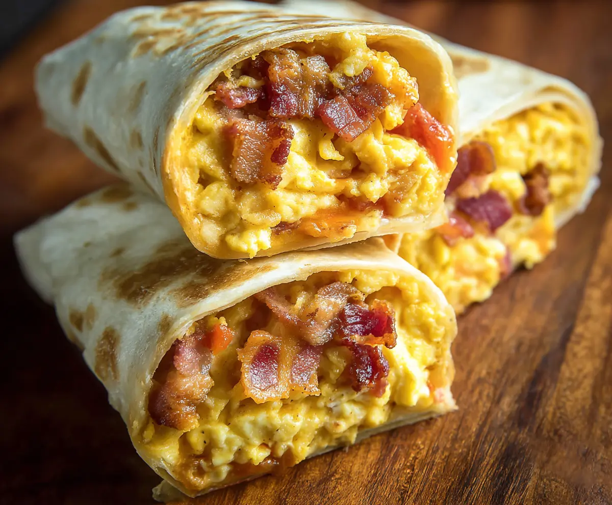 Delicious bacon egg burrito with melted cheese in a warm tortilla, perfect for breakfast or brunch.