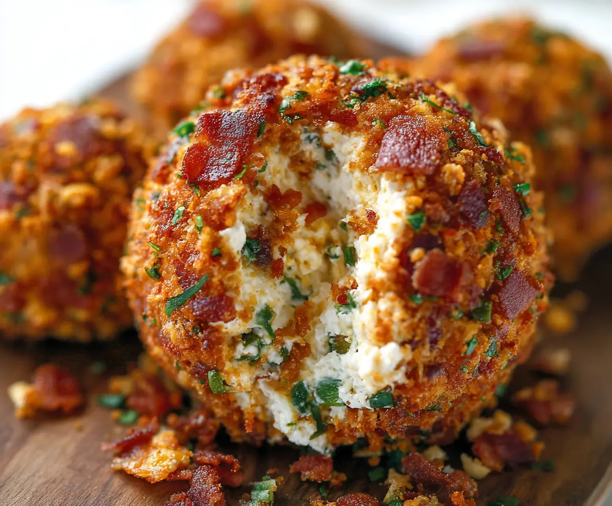 Delicious Bacon Jalapeño Popper Cheese Ball garnished with crispy bacon bits and fresh jalapeño slices
