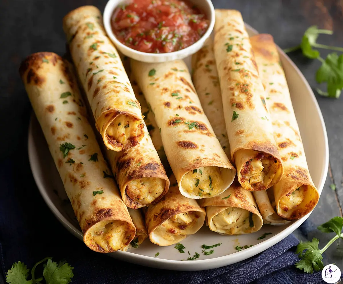 Delicious baked chicken taquitos with crispy golden shells served on a white plate