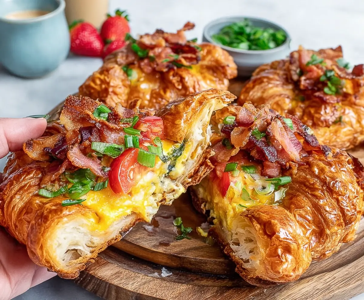 Golden baked croissant breakfast boats filled with cheese, eggs, and vegetables, perfect for a delicious morning meal.