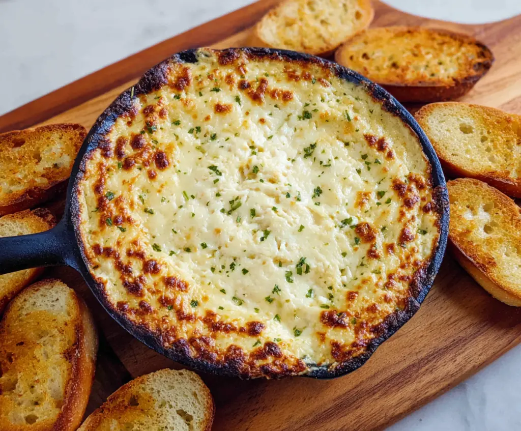 Delicious baked garlic bread dip served in a bowl with toasted bread slices for dipping.