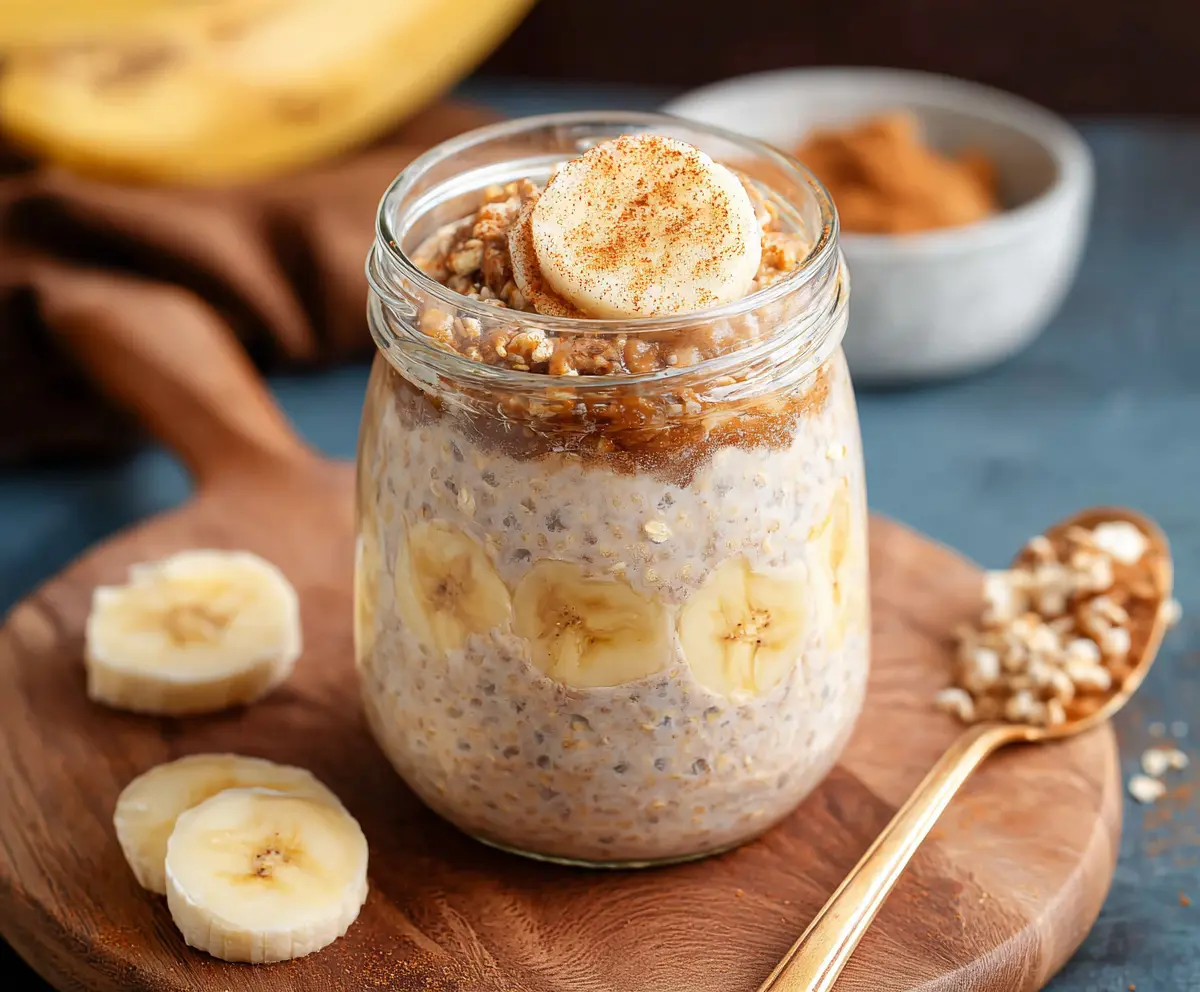 Creamy Banana Cinnamon Overnight Oats in a glass jar, topped with banana slices and cinnamon for a healthy breakfast.