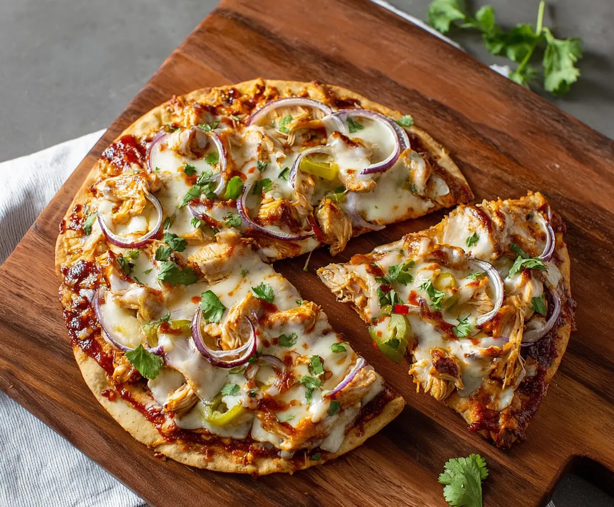 Delicious BBQ Chicken Tortilla Pizza topped with melted cheese and fresh herbs.