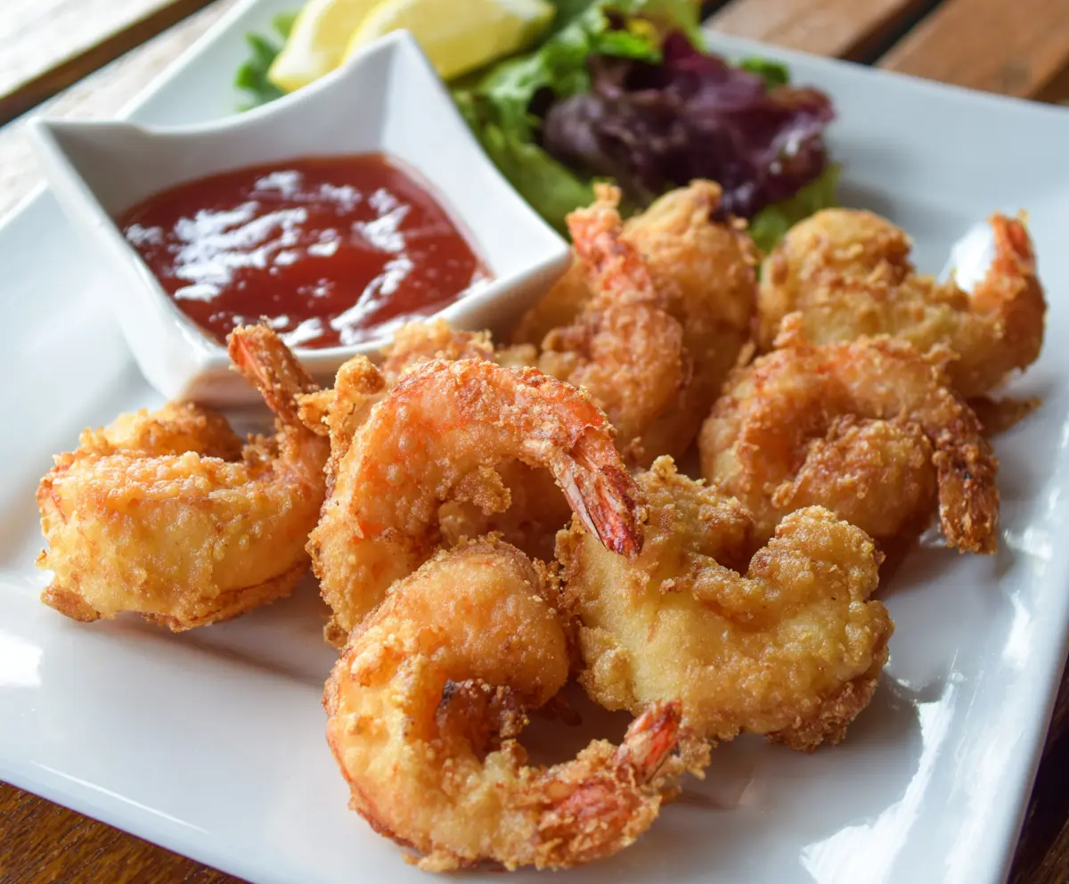 Crispy beer batter fried shrimp served with lemon wedges on a white plate.