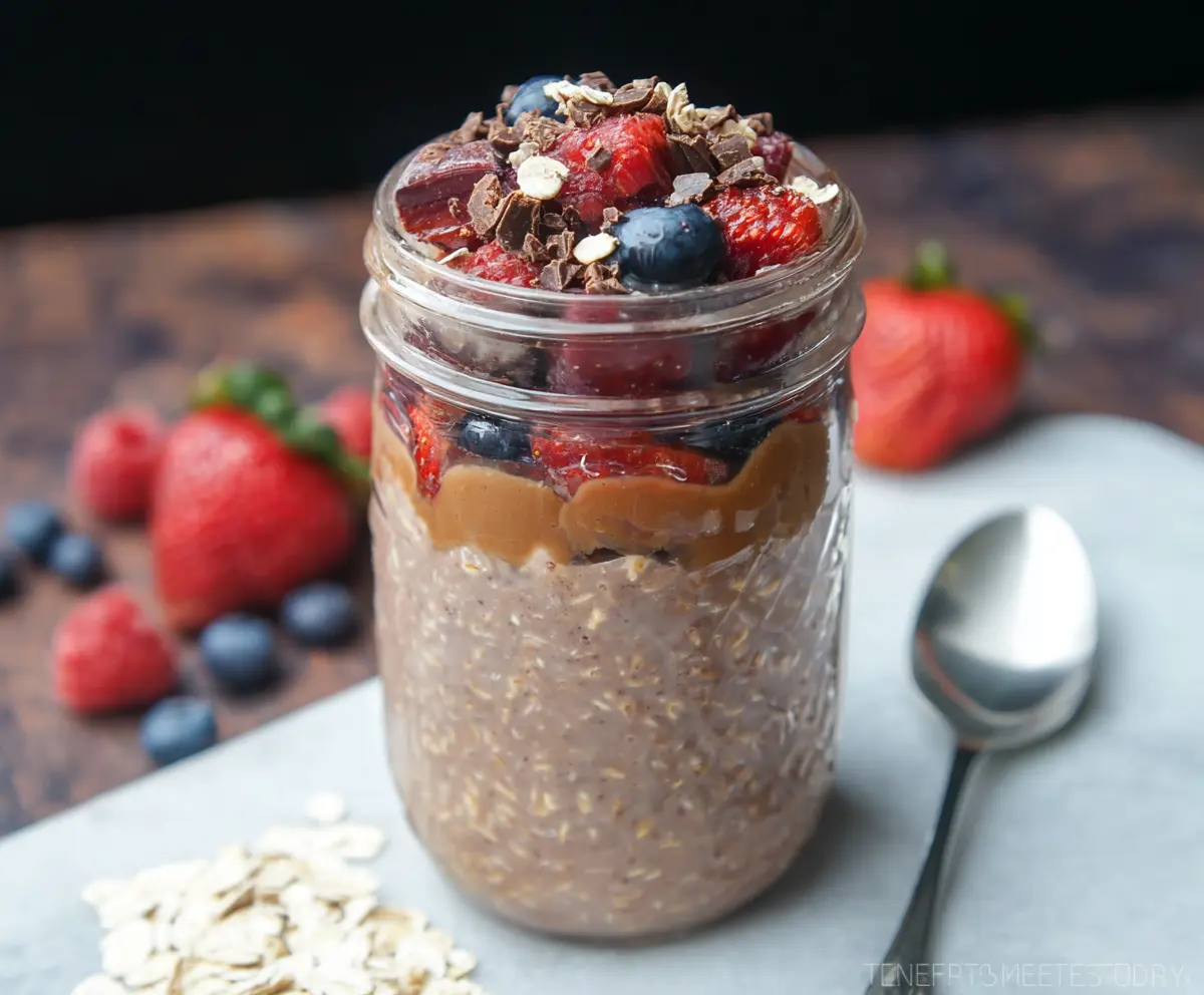 Creamy Berry Chocolate Overnight Oats topped with fresh berries and chocolate shavings in a glass jar.