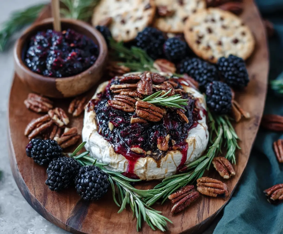 Delicious Blackberry Compote with Spicy Pecan Baked Brie cheese on a serving platter