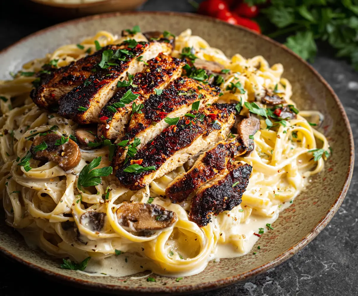 Creamy Alfredo pasta with spiced blackened chicken for a flavorful dinner