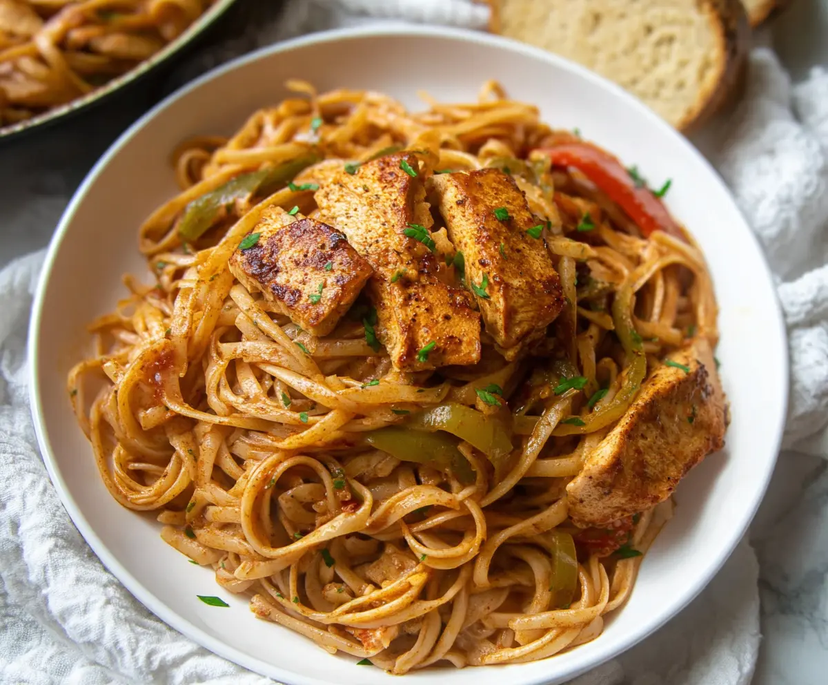 Delicious Bold and Cajun Chicken Spaghetti dish with spicy seasoning and creamy sauce on a plate.
