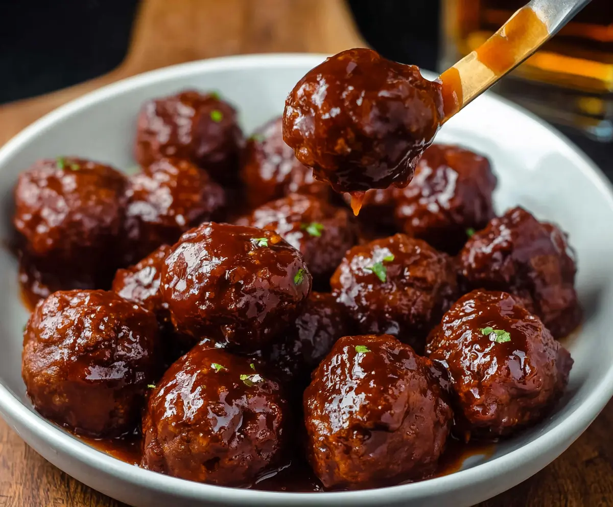 Delicious Bourbon Honey BBQ Meatballs served on a platter, perfect for parties and gatherings.