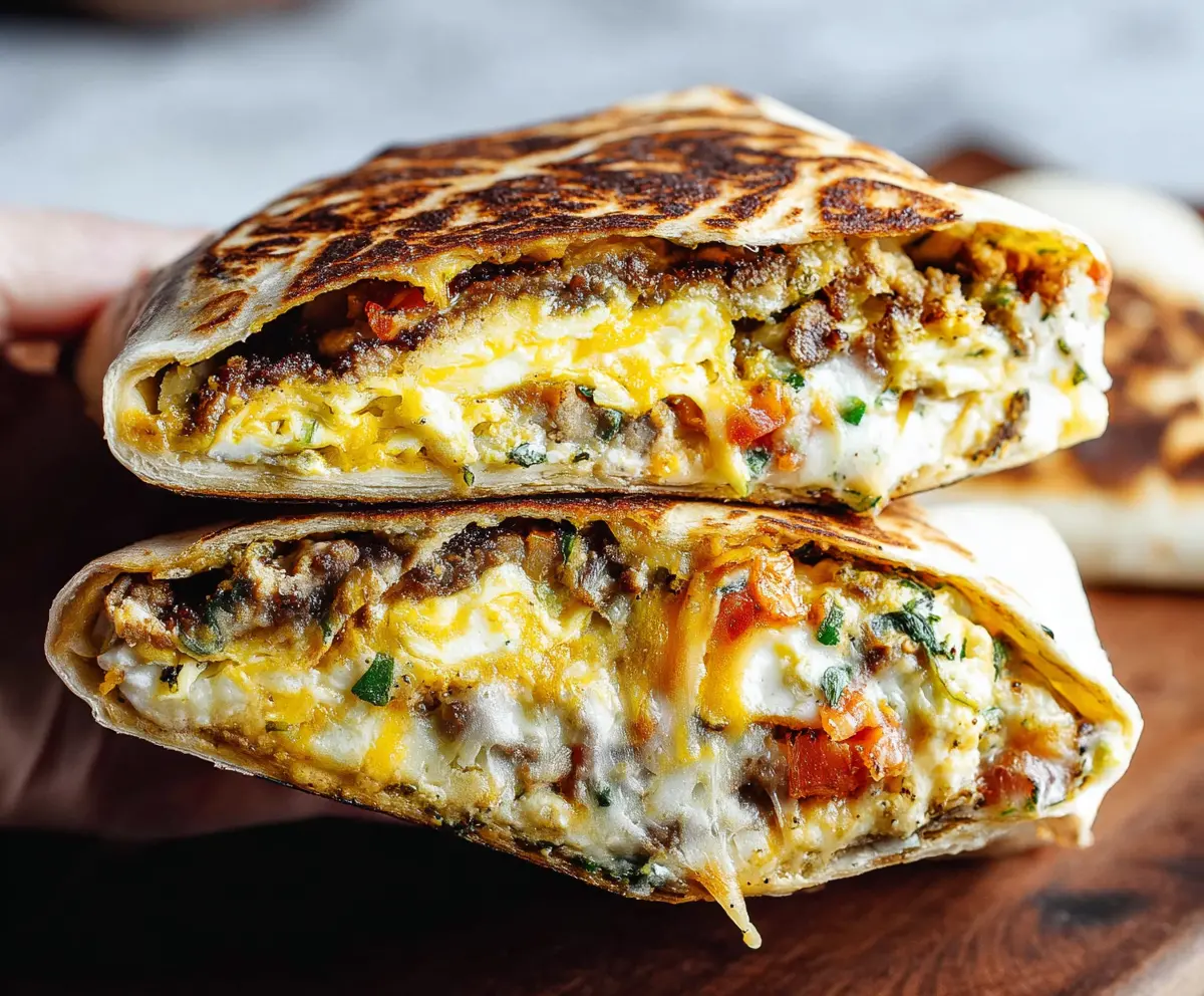 Delicious Breakfast Crunchwrap filled with eggs, cheese, and crispy toppings for a hearty morning meal.