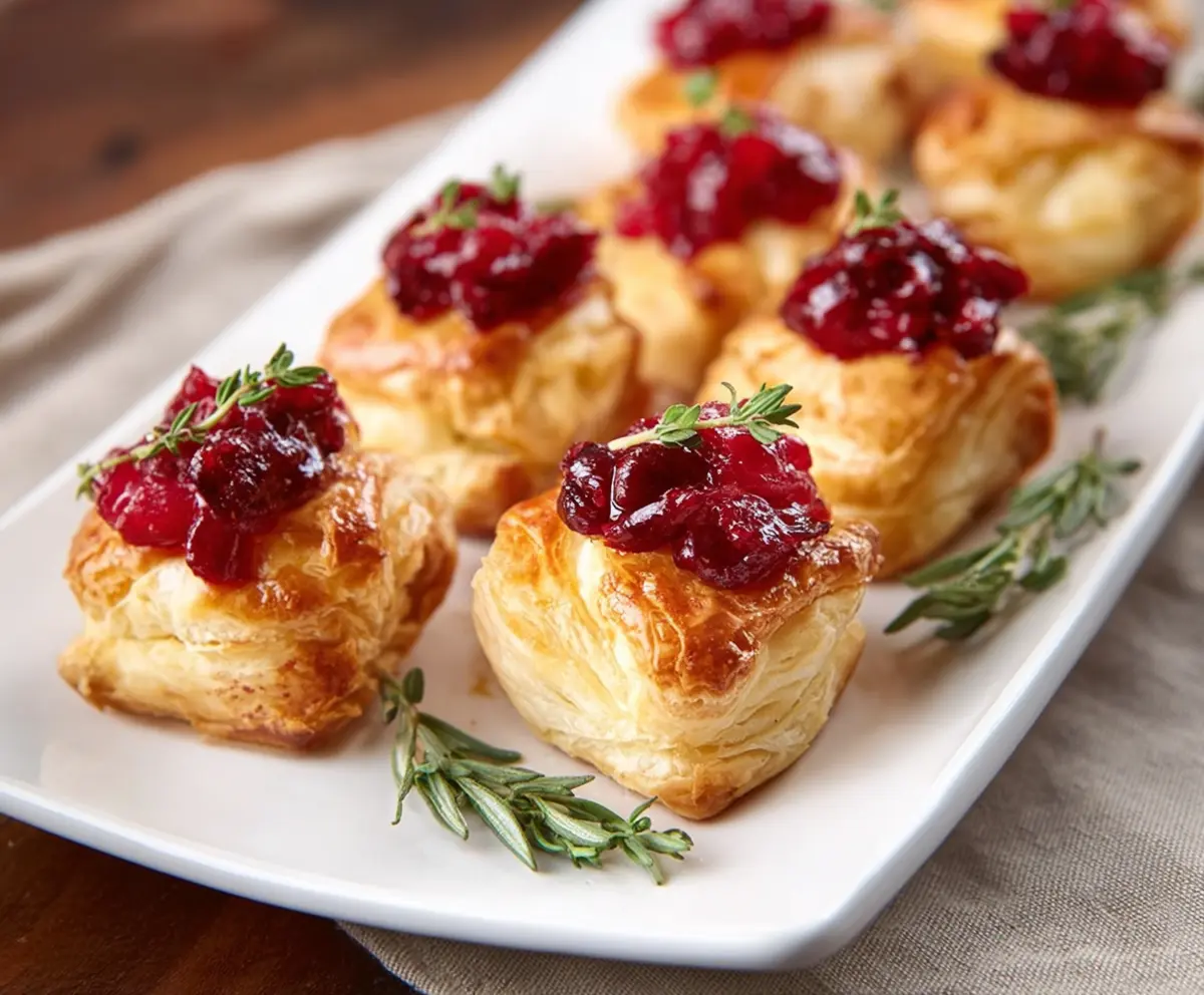 Golden Brie and Cranberry Puff Pastries served on a white platter, perfect for appetizers.