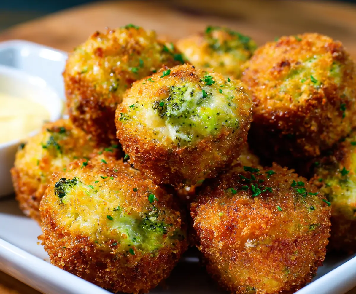 Delicious crispy broccoli cheese bites on a white plate, perfect for snacks or appetizers.