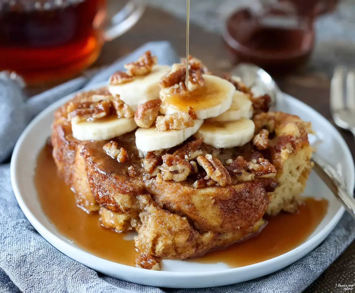 Delicious Brown Sugar Banana French Toast Casserole topped with fresh bananas and a caramelized brown sugar glaze.