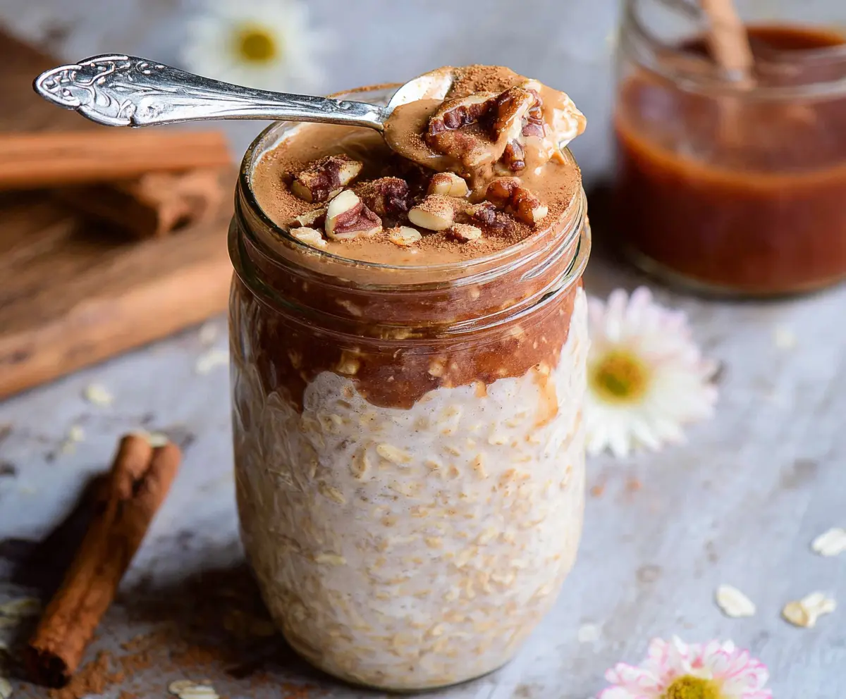 Delicious brown sugar cinnamon overnight oats served in a jar with fresh fruit garnish