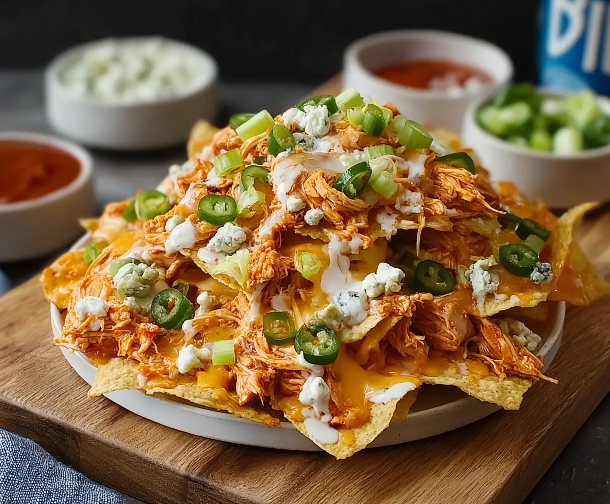 Delicious buffalo chicken nachos with melted cheese and vibrant toppings on a plate