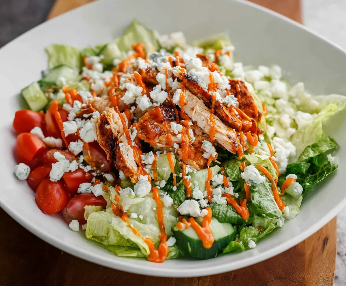Creamy Buffalo Chicken Salad with fresh vegetables and spices served in a bowl.