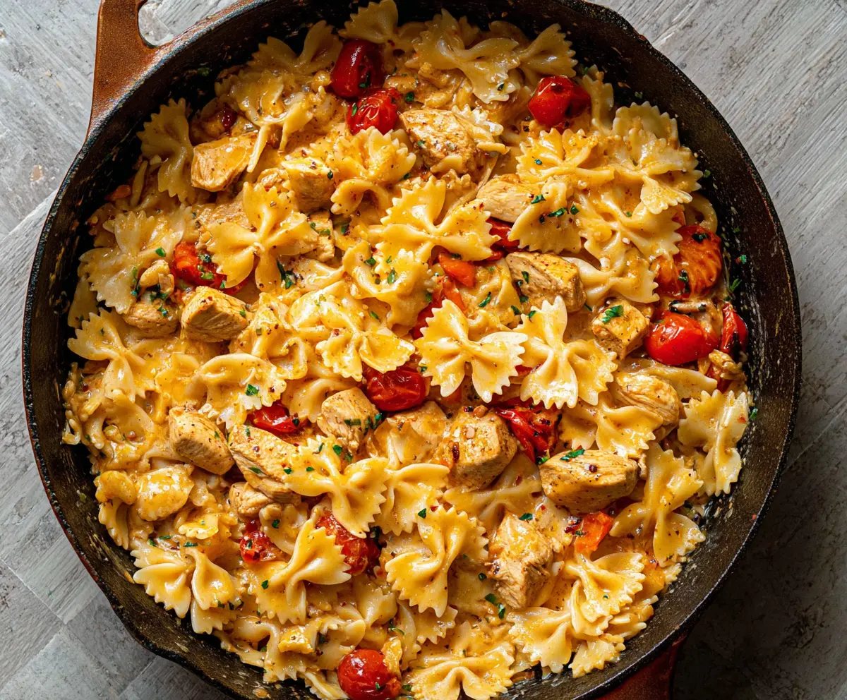 Delicious Cajun Chicken Bowtie Pasta skillet with seasoned grilled chicken and vibrant vegetables.
