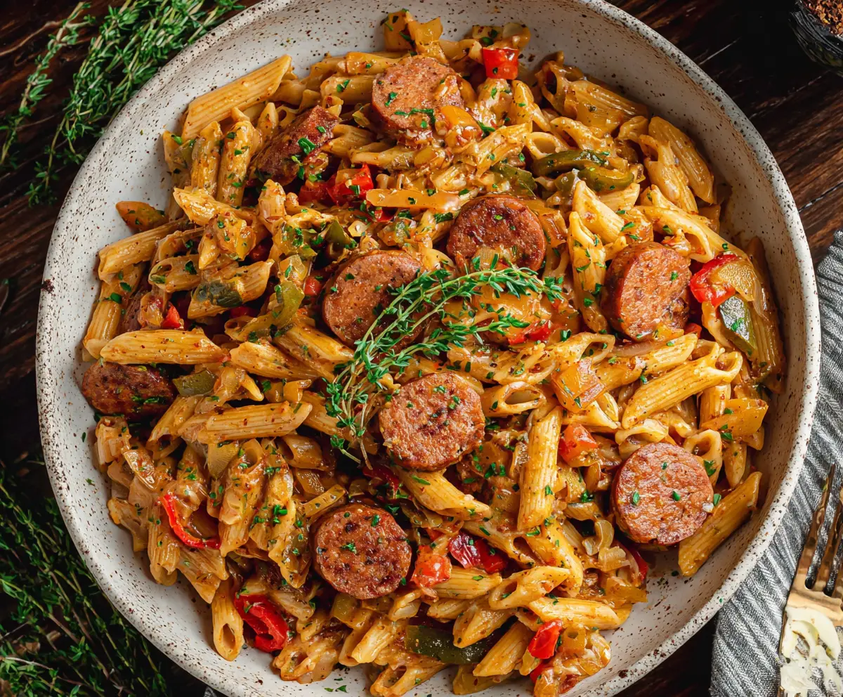 Delicious Cajun sausage pasta served in a bowl, showcasing vibrant spices and succulent sausage slices.