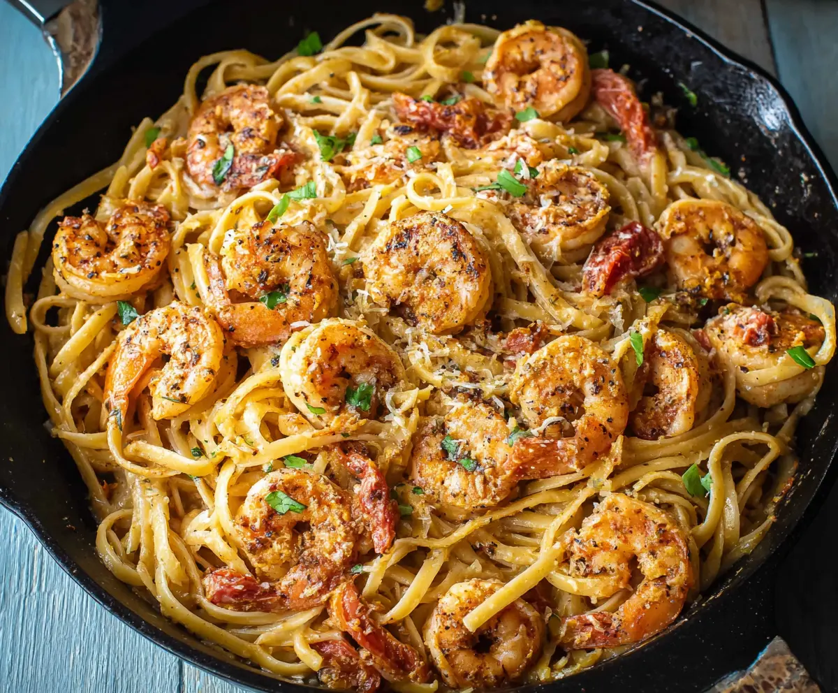 Delicious Cajun Shrimp Pasta with spicy seasoning and creamy sauce on a plate.