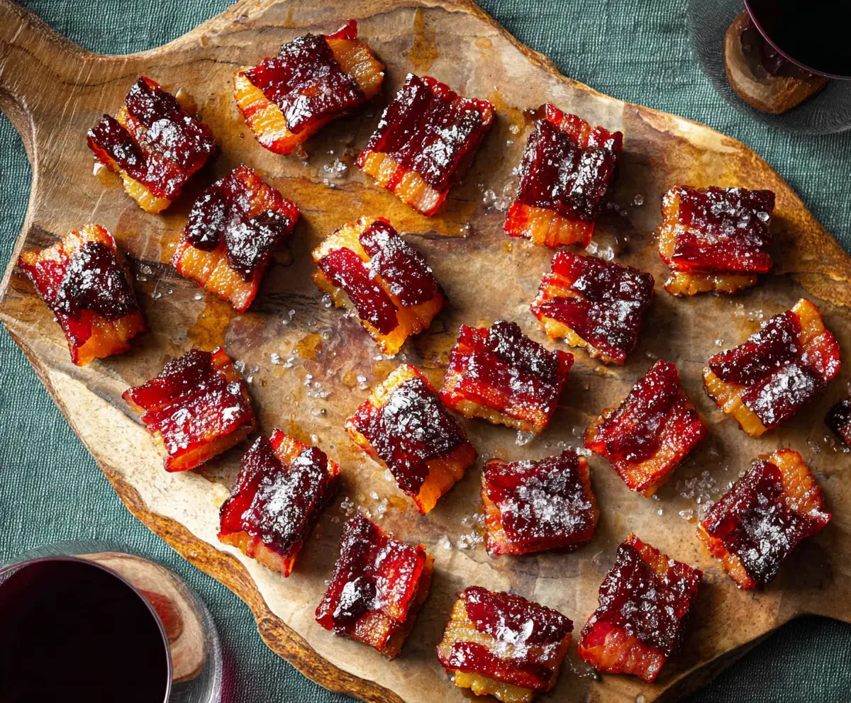 Close-up of crispy candied bacon bites sprinkled with sugar, served on a white plate.