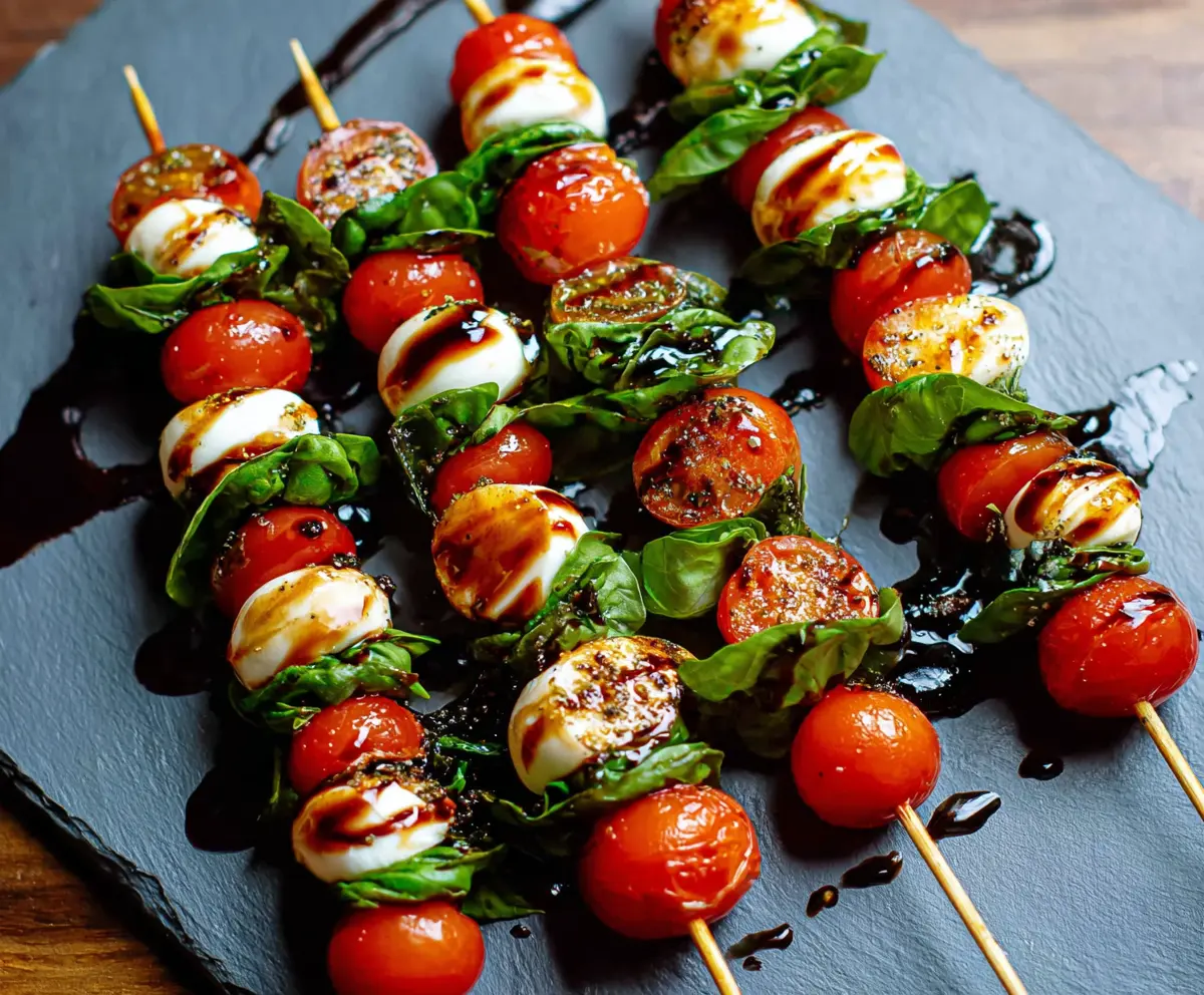 Delicious Caprese Skewers with fresh mozzarella, cherry tomatoes, and basil for a breezy appetizer.