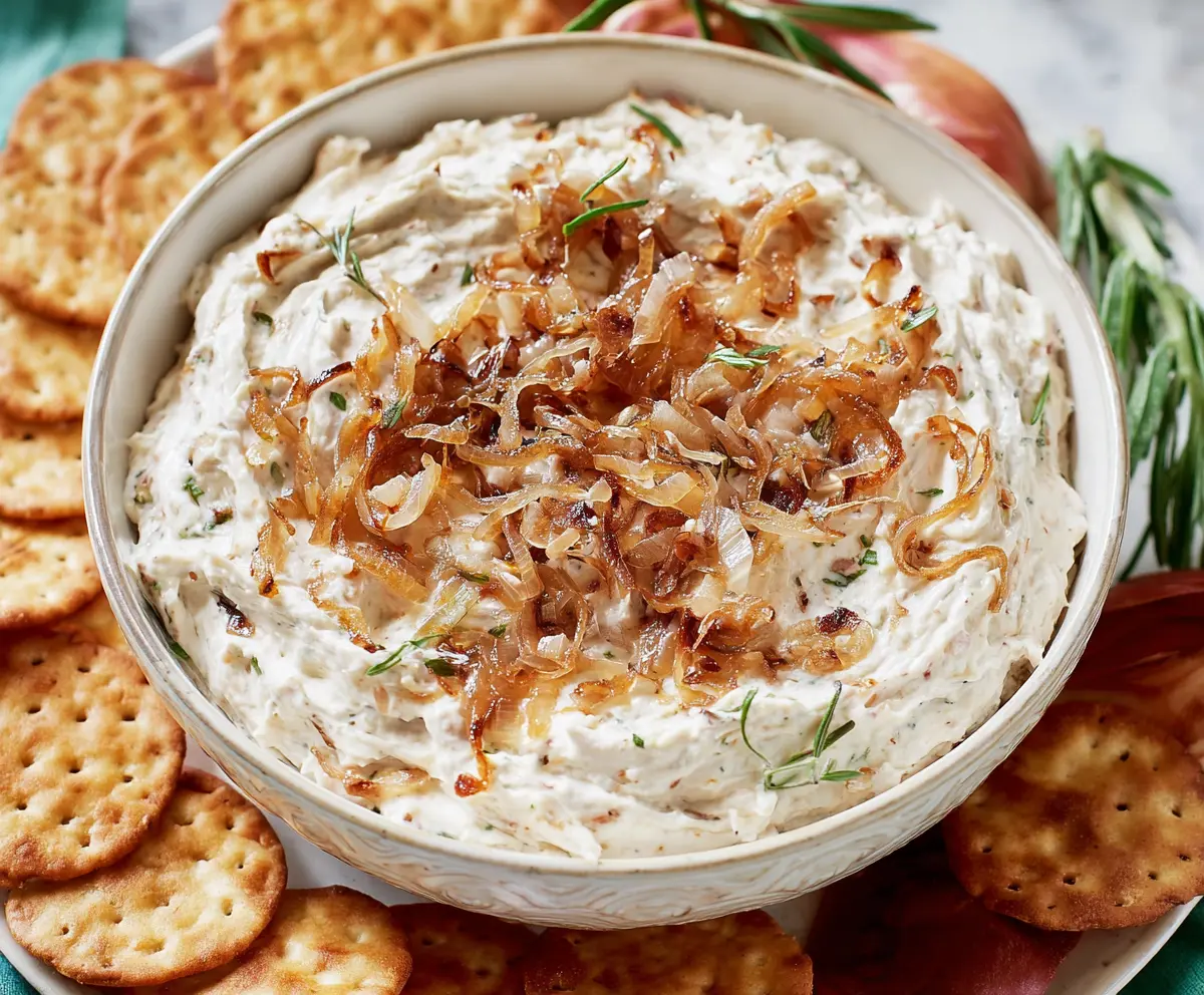 Delicious caramelized onion dip served in a bowl, perfect for snacks and parties.