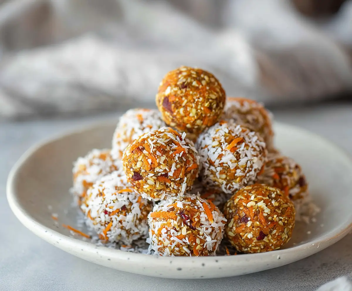 Delicious homemade carrot cake energy bites with grated carrots, nuts, and honey.