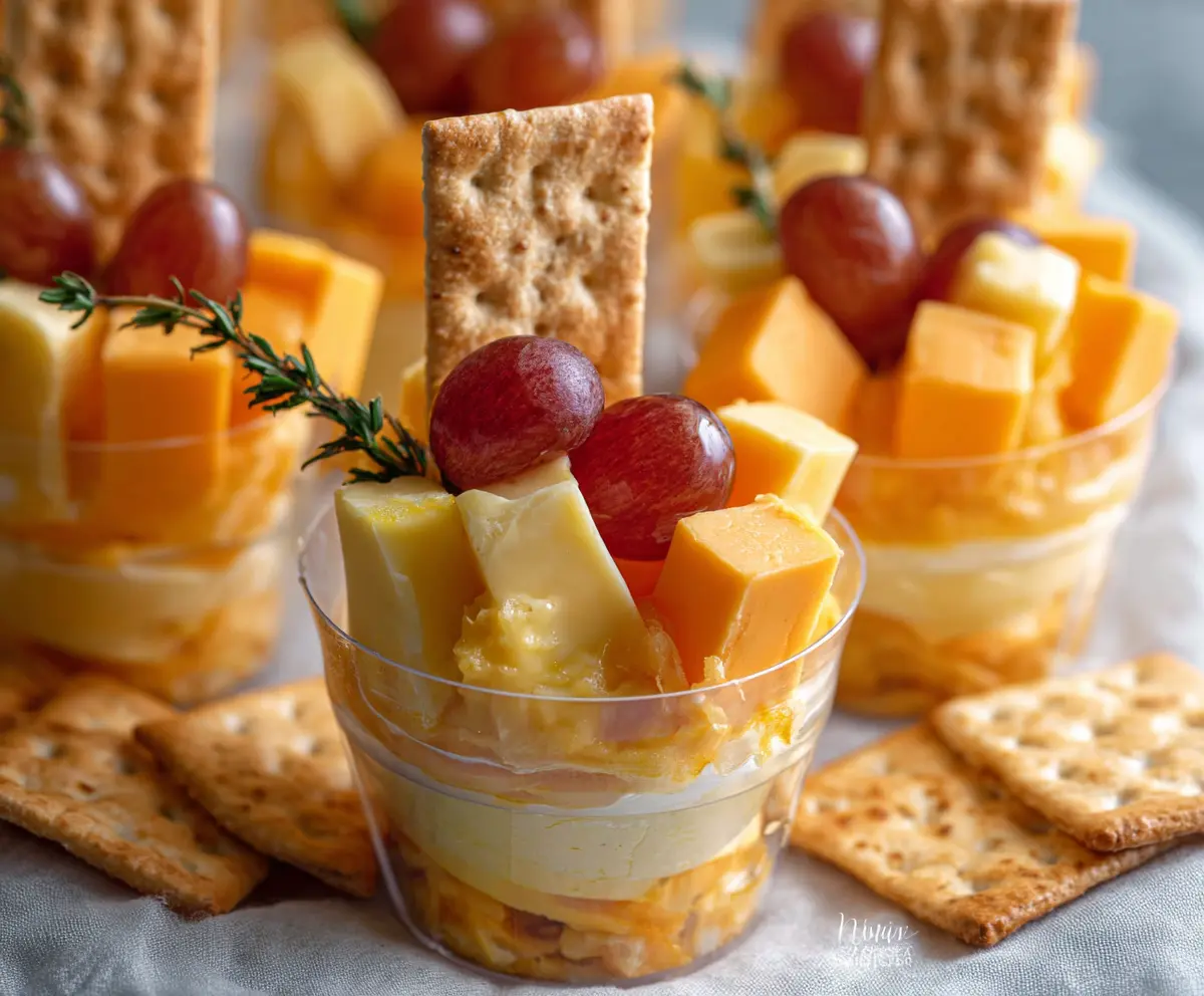 Delicious cheese and crackers cups appetizer served on a white plate.
