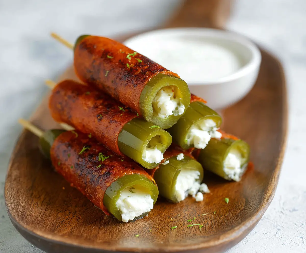 Delicious cheese wrapped pickles appetizer showcasing crispy cheese and tangy pickles.