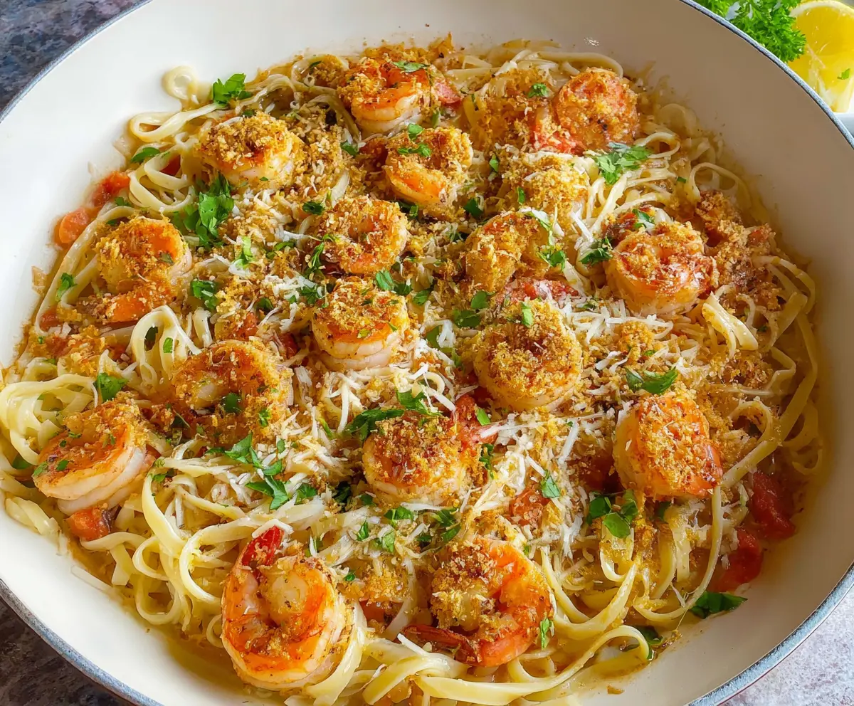 Delicious Cheesecake Factory Shrimp Scampi Linguine with juicy shrimp and flavorful pasta on a white plate.