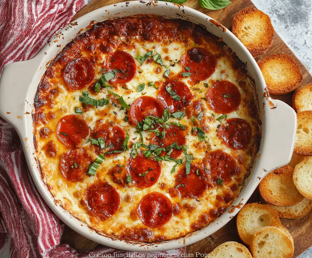Delicious cheesy baked pizza dip topped with melted cheese and fresh herbs.