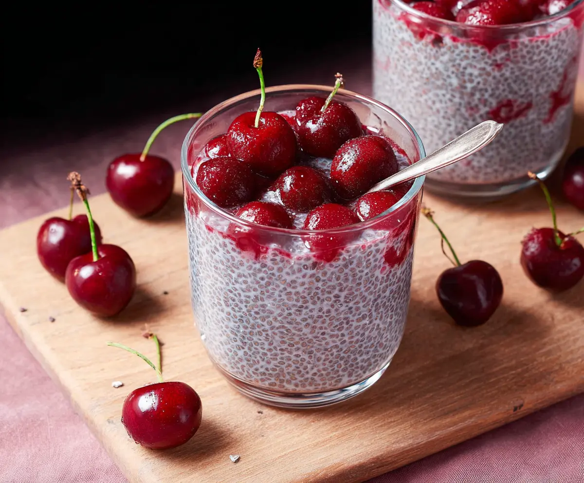 Healthy cherry chia pudding topped with fresh cherries and chia seeds in a glass bowl.