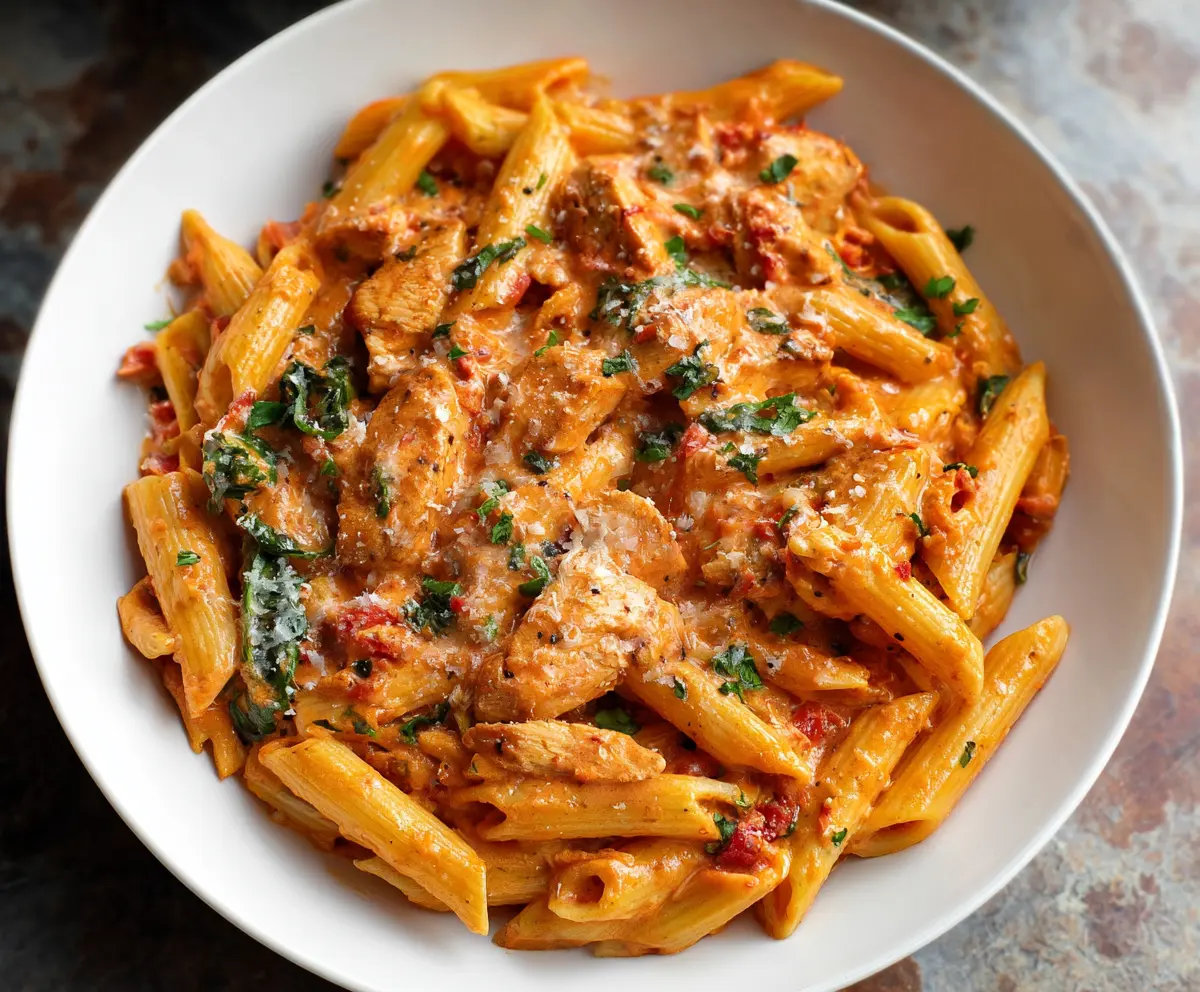 Delicious Chicken Creamy Tomato Pasta served with tender chicken pieces and rich sauce.