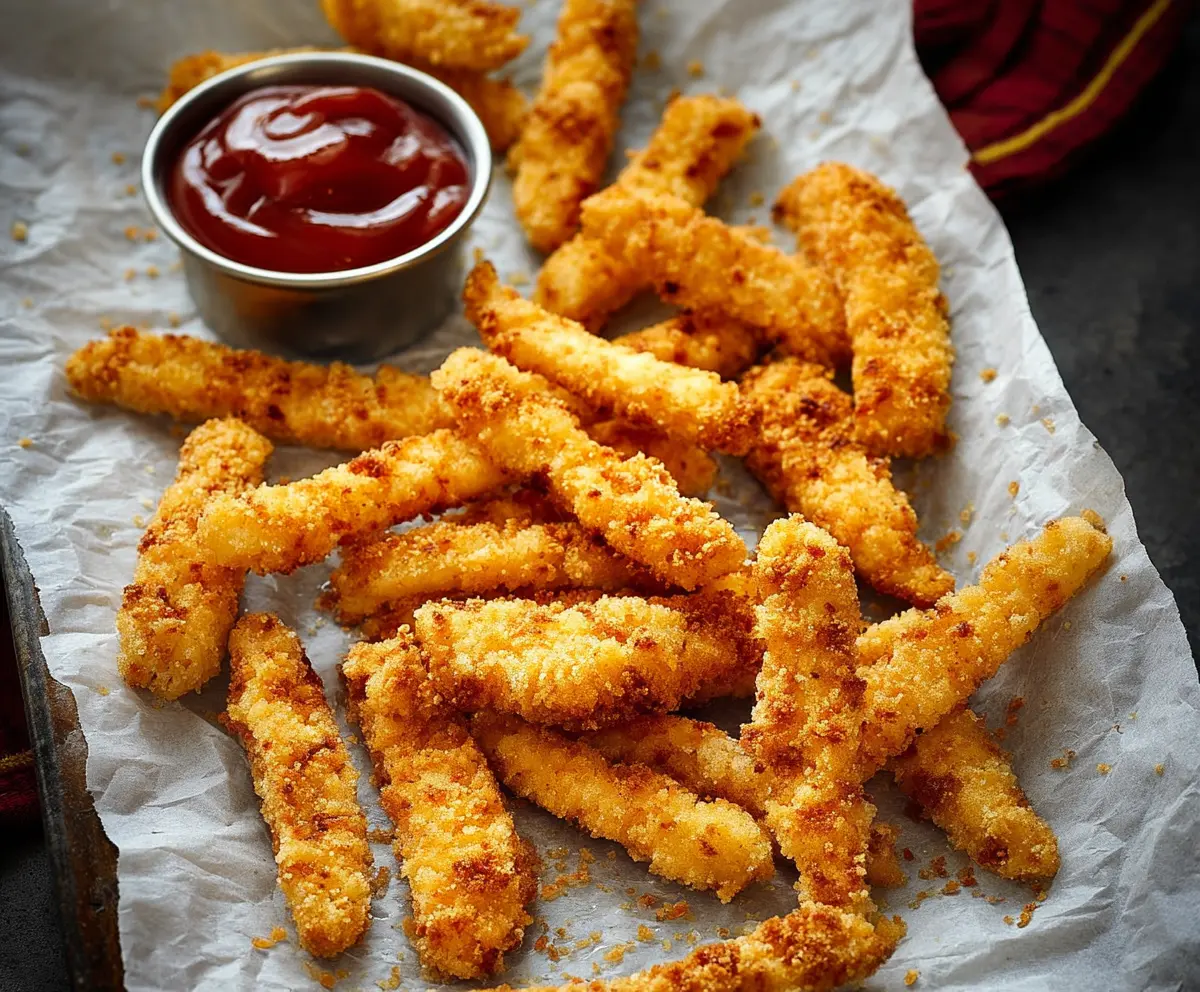 Crispy chicken fries served with dipping sauce on a white plate.