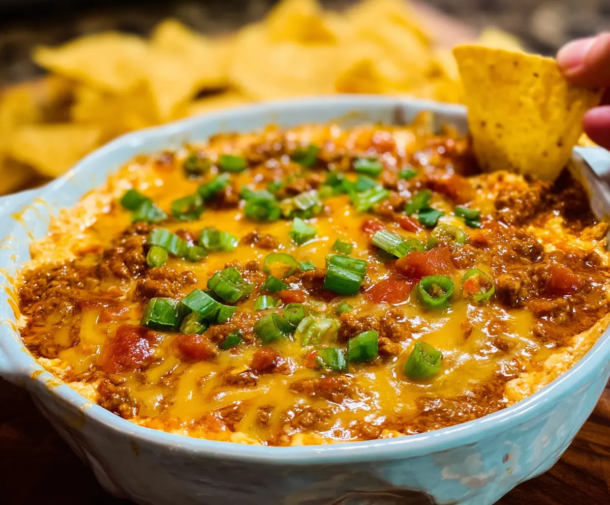 Creamy chili cheese dip topped with melted cheese and fresh herbs, perfect for parties and gatherings.