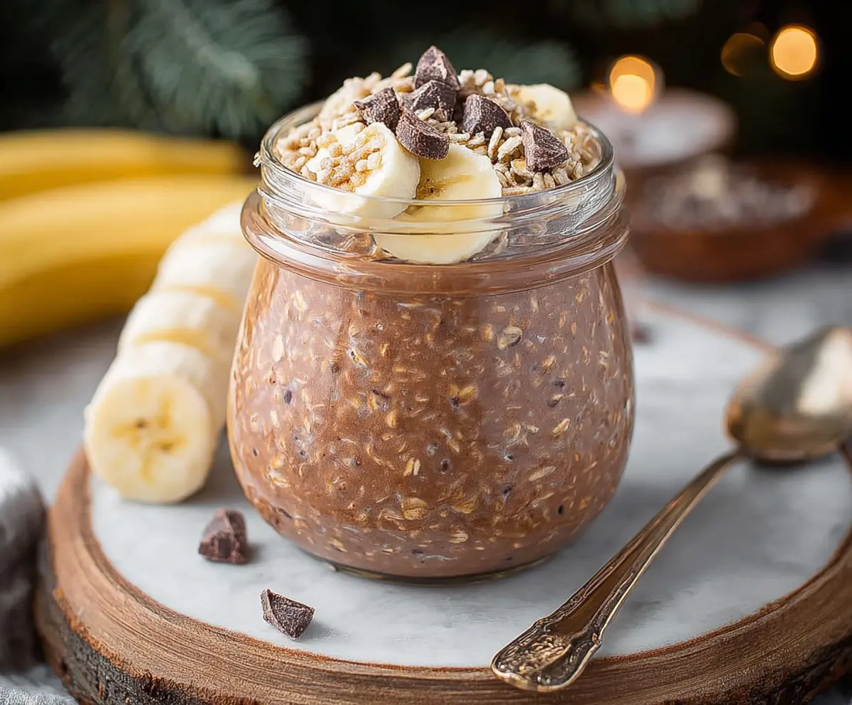 Creamy chocolate banana overnight oats served in a glass jar with chocolate shavings on top.