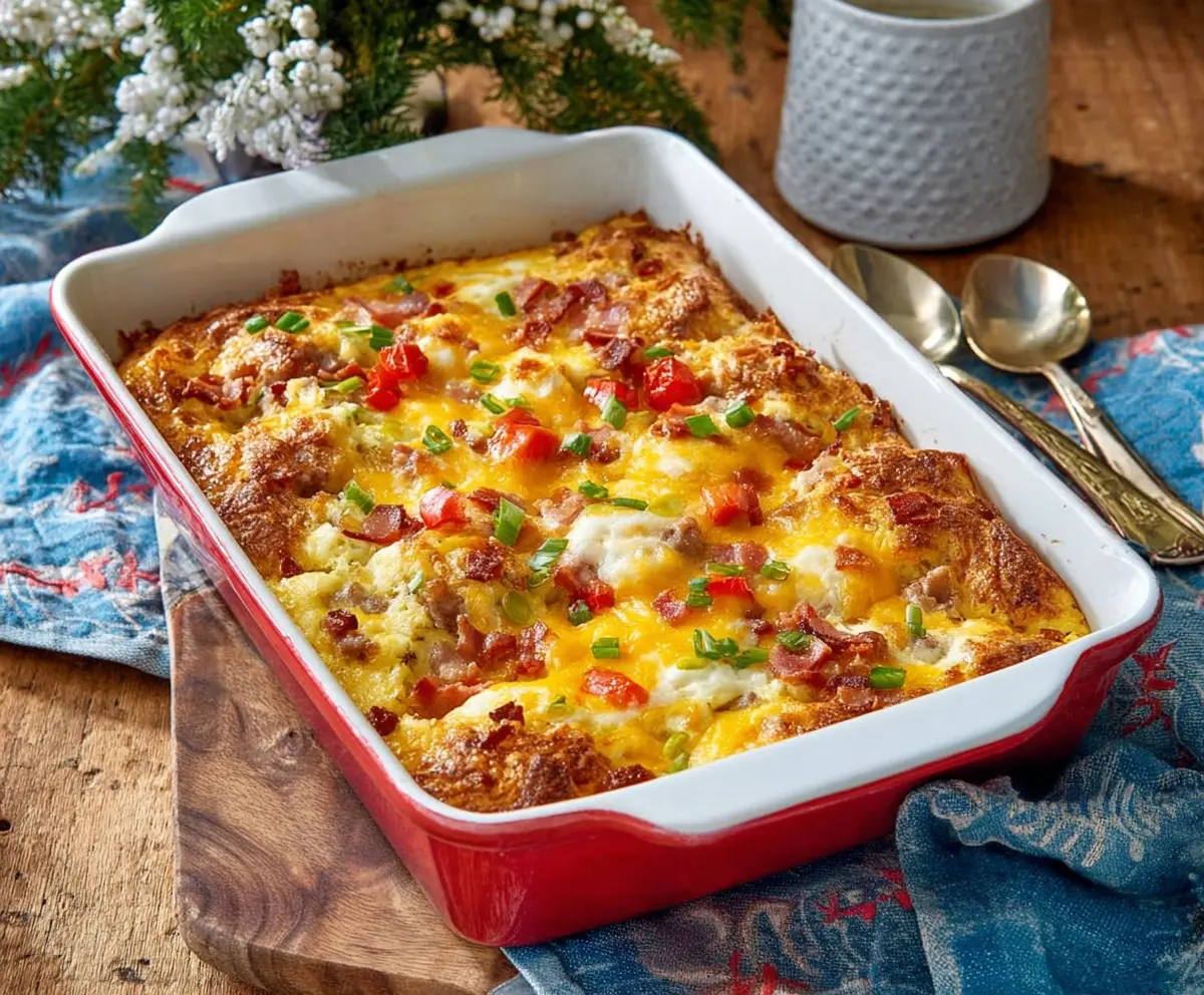 Delicious Christmas Breakfast Casserole with eggs, cheese, and breakfast sausage in a festive holiday setting