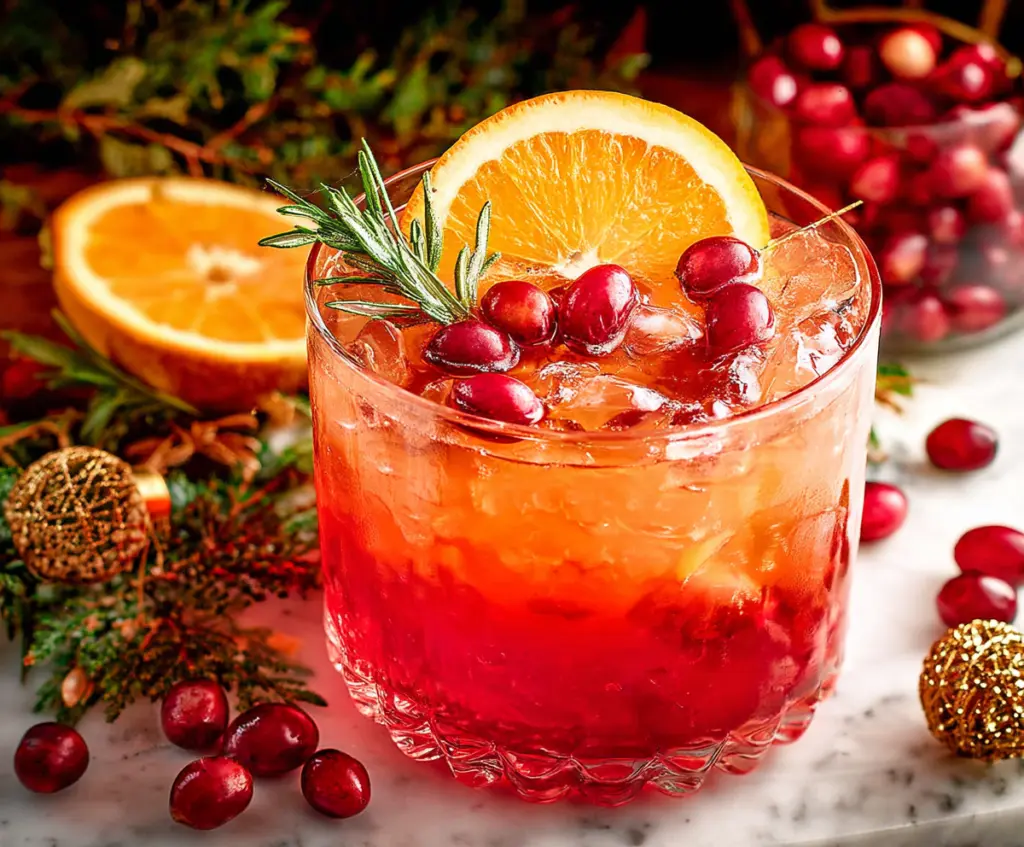 Festive Christmas punch with colorful fruits and holiday decorations in a large glass pitcher.
