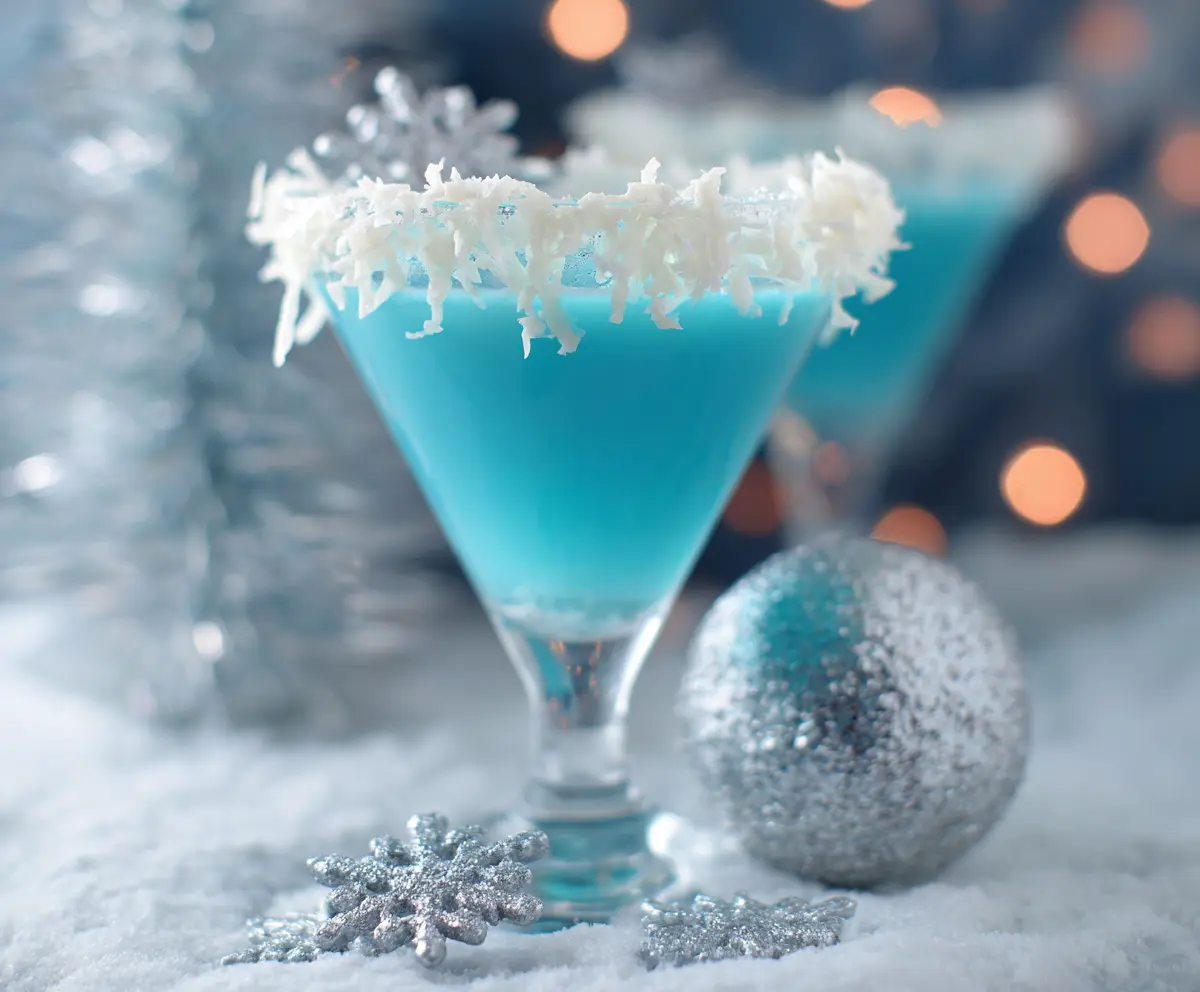Festive Christmas Snowflake Cocktail with icy blue decoration and holiday presentation