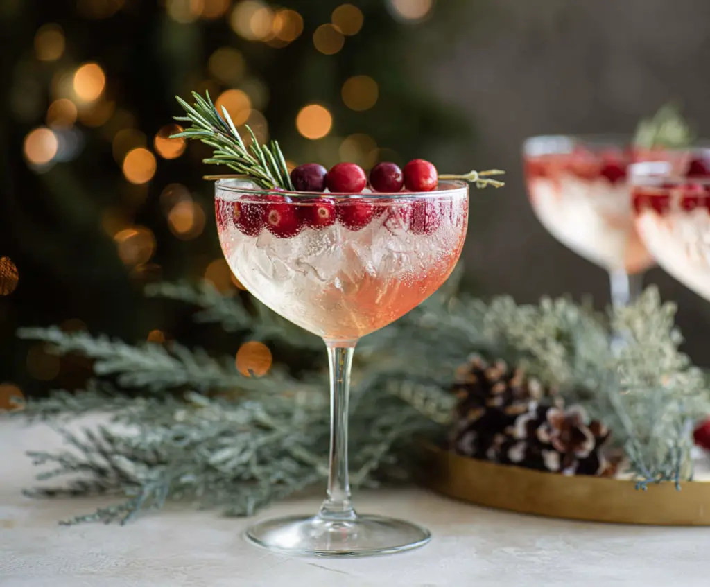 Festive Christmas Vodka Martini garnished with a cherry and a twist of lemon in a elegant glass.