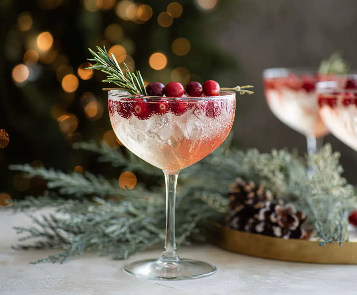 Festive Christmas Vodka Martini garnished with a cherry and a twist of lemon in a elegant glass.